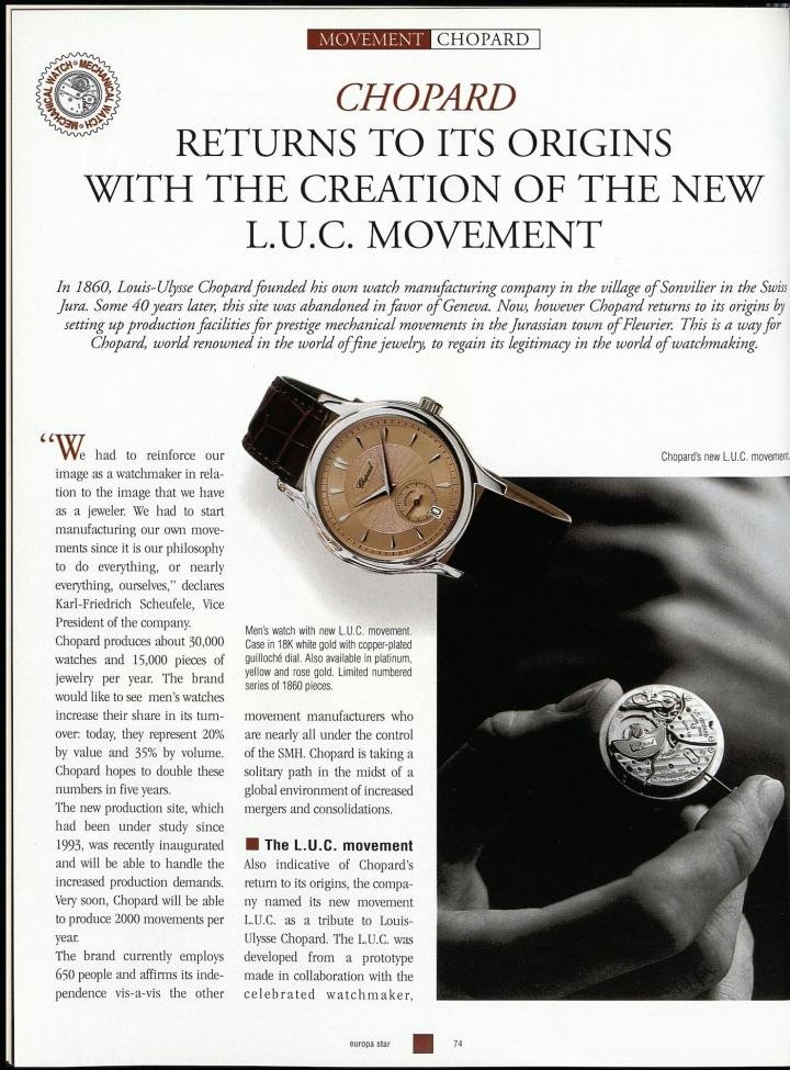 Announcement of the birth of the L.U.C 1.96 movement and the L.U.C 1860 watch in Europa Star in 1997