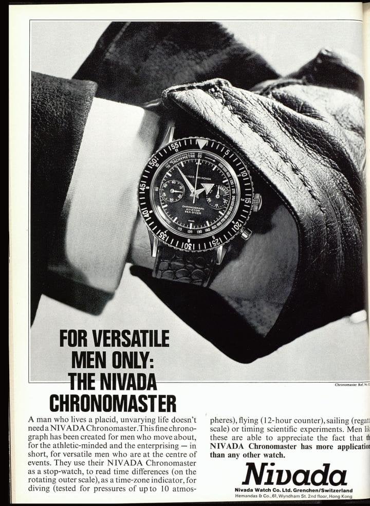 Advertisement for Nivada Grenchen's Chronomaster featured in Europa Star in the mid-1960s. At that time, this chronograph was primarily aimed at a male audience, as the slogan “For versatile men only” indicates. Different times, different customs.