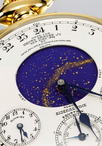 A close-up of Patek Philippe's Henry Graves Supercomplication with the night sky of New York City ©Sotheby's