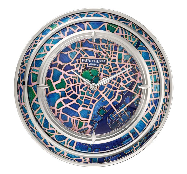 Tokyo as the Crow Flies, table clock, Tokyo 2023. A stylised map of downtown Tokyo in grand feu cloisonné enamel extends over the dial and onto the convex sides of this silver table clock. This one-of-a-kind piece is inspired by a model from the 1950s.