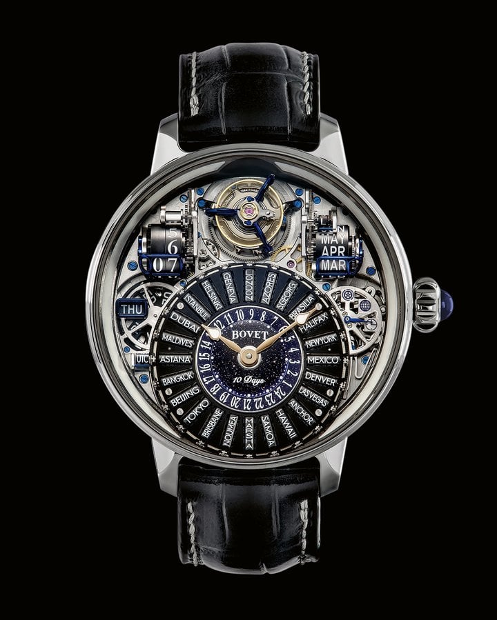 Unlike traditional world time watches, the Récital 28 debuts a remarkably intricate and innovative roller system, allowing world travellers to adjust the timepiece to any of the 24 global time zones, including UTC, American Summertime, Europe and America Summertime, and European Wintertime. In addition to this unique feature, the timepiece boasts an expanded flying tourbillon, a perpetual calendar with roller-based indications, and an impressive 10-day power reserve from a single barrel.