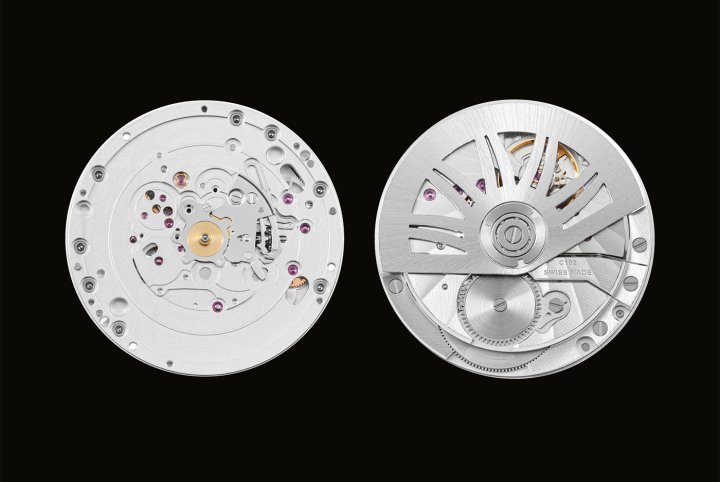 CALIBRE C 102: manufacture automatic movement. High level of personalisation. Other functions can be added. Five-year warranty. Hours, minutes, centre seconds or at 9 o'clock, date at 3 o'clock (or other positions within the same diameter). Power reserve: 60+ hours. Diameter: 31.10mm, height: 4.00mm (4.15mm at the centre). Frequency: 4Hz – 28,800 vph.