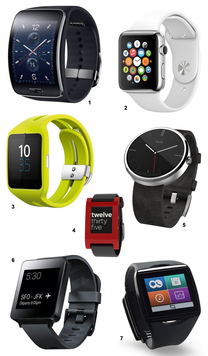 Samsung Gear S - 2. Apple Watch - 3. Sony Smartwatch 3 - 4. Pebble - 5. Motorola Moto 360 - 6. LG G Watch - 7. Qualcomm Toq