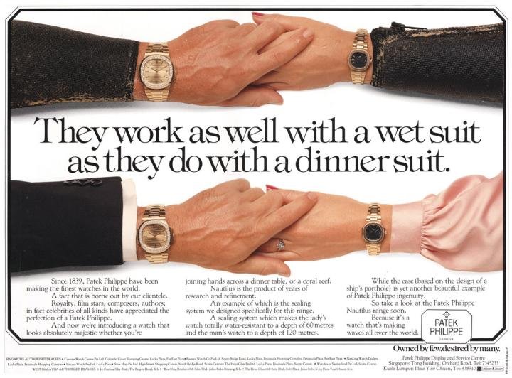 One of the first advertisements for the Nautilus, stressing the versatility of the watch.