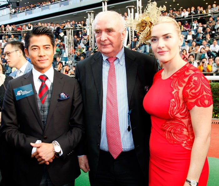 Longines Ambassadors Ms Kate Winslet and Mr. Aaron Kwok Fu Shing met at the Parade ring of the Sha Tin racecourse with the presence of Mr. Walter von Känel, President of Longines. 