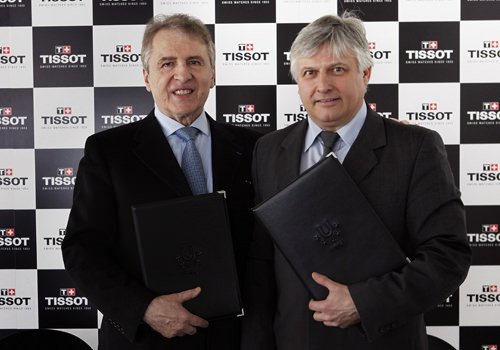 Tissot CEO François Thiébaud, left, and Eric Saintrond, FISU Secretary-General/CEO at the signing ceremony