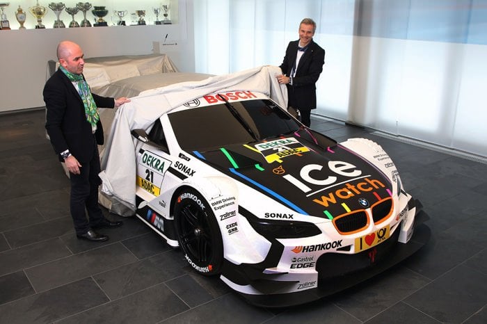 Ice-Watch CEO Jean-Pierre Lutgen (left) and BMW Motorsport Director Jens Marquardt unveil the Ice-Watch BMW M3 DTM