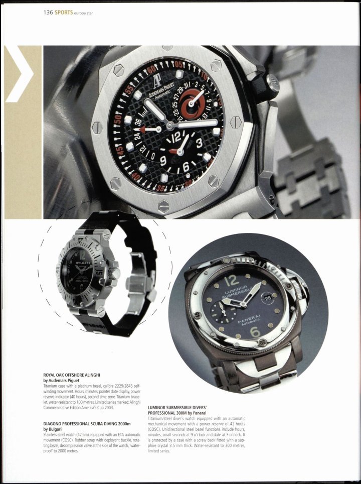 This 2003 feature shows the Royal Oak Offshore Alinghi model, appropriately named for the groundbreaking sailing team, the first to win the America's Cup on its debut in the sport that year. The coverage also features competing sports watches from Bulgari and Panerai that reflect the trends that inspired the original 20 years earlier.