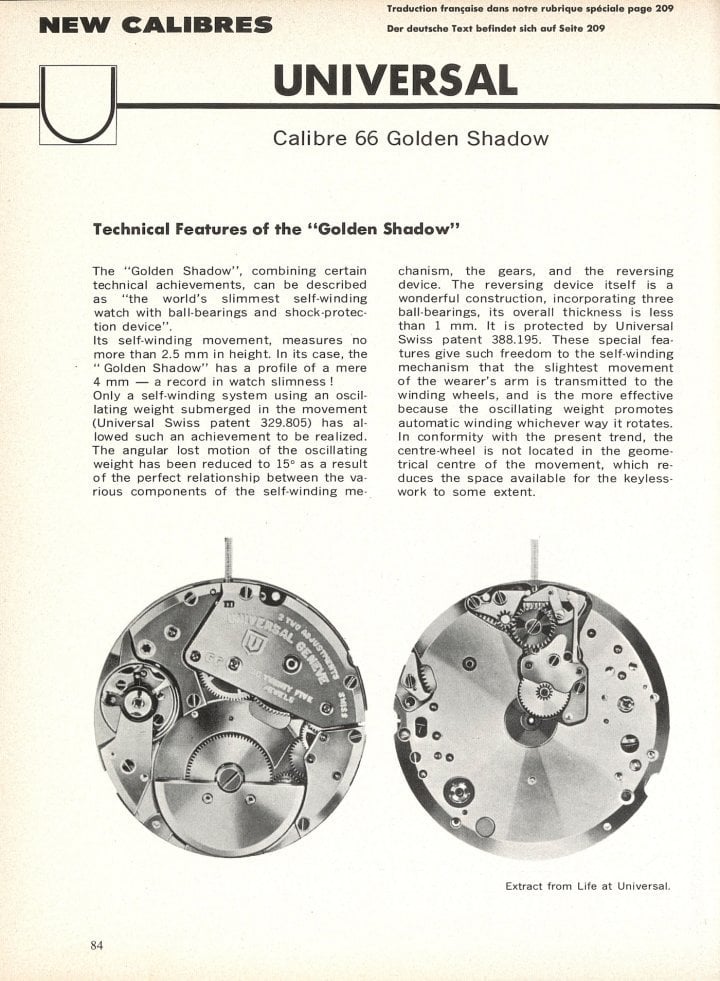 The Universal Genève Golden Shadow, then one of the world's slimmest self-winding watches, presented in Europa Star in 1966