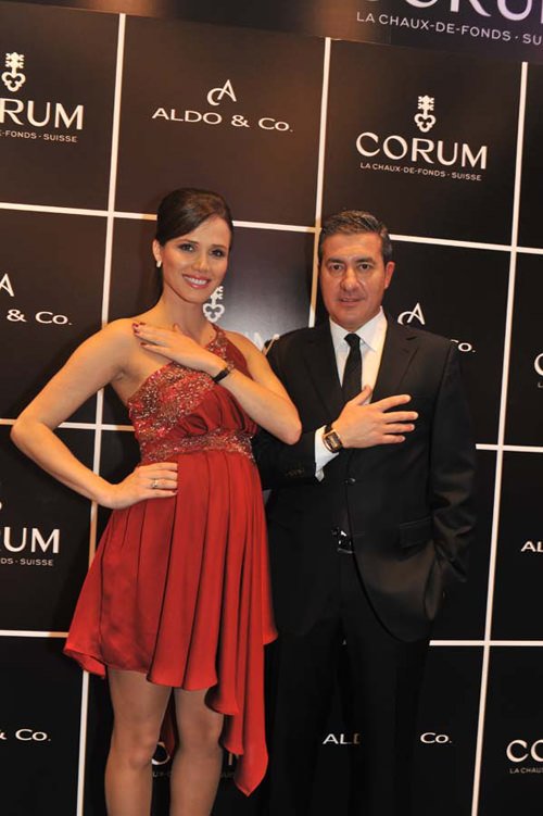 Former Miss World Maria Julia Mantilla, left, and Corum CEO Antonio Calce 