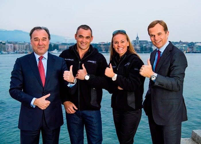 Antonio Palma (Mirabaud), Yann Guichard, Dona Bertarelli and Jean-Frédéric Dufour (Zenith CEO) posing for the sponsoring announcement.