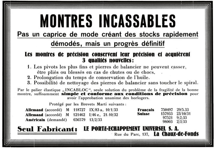 Fritz Marti's firm quickly claimed patent protection for Incabloc, their revolutionary shock absorber. Surprisingly, most of the patents referenced in this September 1933 advertisement were not yet awarded or were incorrectly referenced!