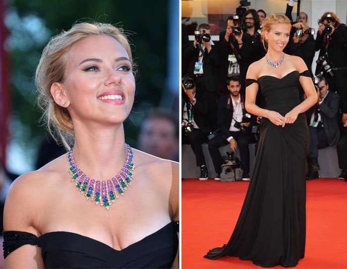 Scarlett Johansson wearing a High Jewellery necklace & Flora stud earrings from Bulgari