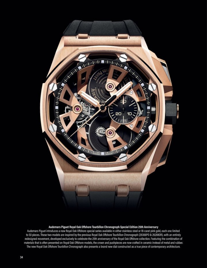 Audemars Piguet celebrated a quarter century of the model with the remarkable Royal Oak Offshore Tourbillon Chronograph Special Edition 25th Anniversary in 2017. It was an evolution of the previous Tourbillon Chronograph model with an entirely new structure displaying the entire movement, including the fine tourbillon at 9.
