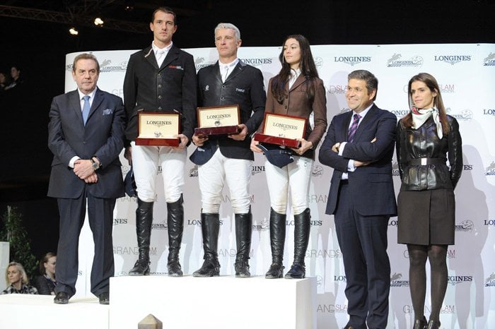 Alain Henry, Director Longines France, Juan Carlos Capelli, Longines' Vice President and Head of International Marketing and Fernanda Ameeuw, Ambassador of the Grand Slam with the podium of the Longines Speed Challenge: Gregory Wathelet (BEL), 2nd, Roger Yves Bost (FRA) winner, Reed Kessler (USA), 3rd