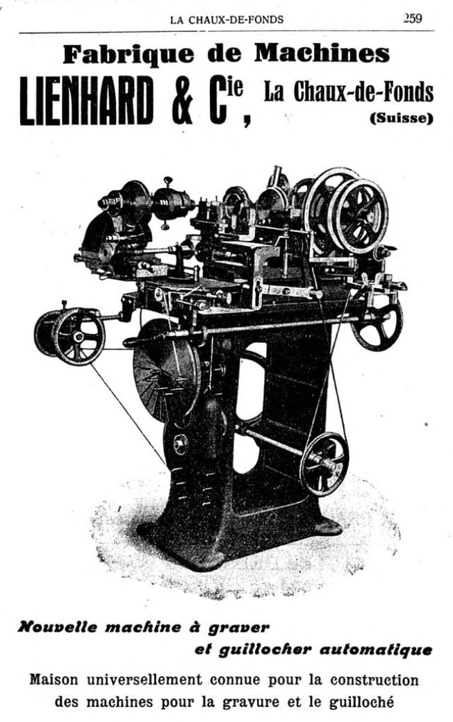 An advertisement by the manufacturer of “guilloché machines” – rose engines – Lienhard & Cie of La Chaux-de-Fonds, published in the Indicateur Davoine directory of 1923