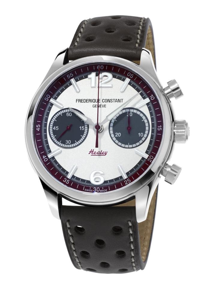 The Vintage Rally Healey sports a bi-compax chronograph layout