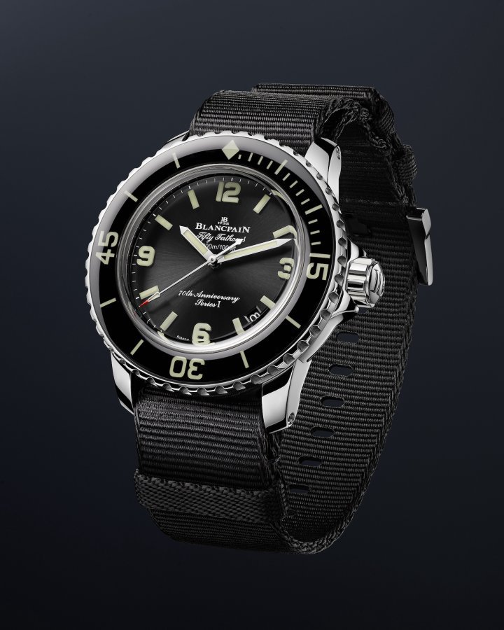 The first release for the Fifty Fathom's anniversary in 2023, the 42mm Fifty Fathoms 70th Anniversary Act 1 reprises the features of the 1953 original and is fitted with a black NATO YTT+ strap. It was presented as three series of 70 watches, each dedicated to a world region – EMEA, Asia-Pacific, Americas –, with a number from I to III on the dial.