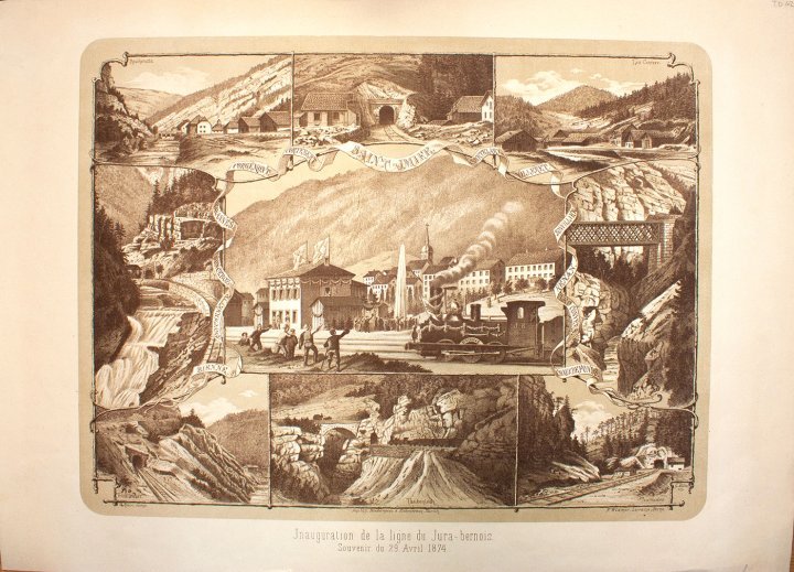Commemorative postcard edited for the opening of the railway line from Biel to La Chaux-de-Fonds, in 1874. Archives de l'État de Berne.