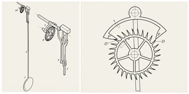 William Clement (1620-1713): pendulum and anchor escapement for a clock. One of the earliest examples of the escape wheel and pallet fork construction found in the detached escapements that equip virtually every mechanical watch today. Pages 36-38.
