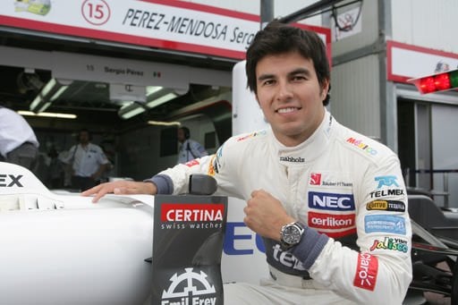 Sergio Perez wearing the new Certina DS Podium GMT limited edition