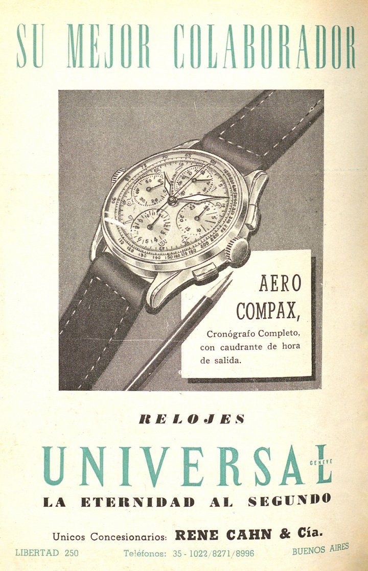 Vintage advertising for the Universal Genève Aero-Compax from a 1947 issue of Europa Star