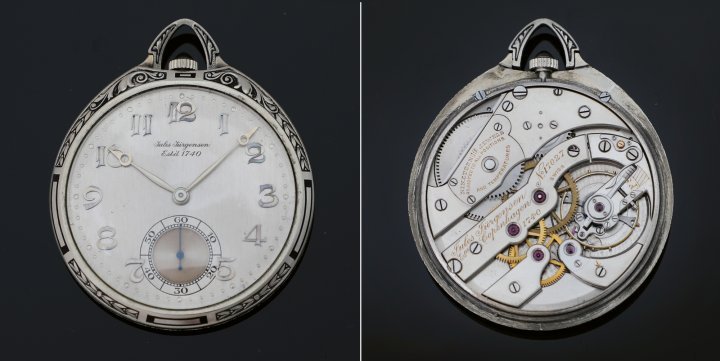 Jules Jürgensen pocket watch in an elegant and richly decorated 18K white gold case. Rare case design with integrated pendant bow. The exquisite movement has a lever escapement and a bimetallic balance wheel, and a fine adjustment regulator with an unusual tail. Dial made from solid silver with a brushed finish and art deco Arabic numerals. Steel hands.