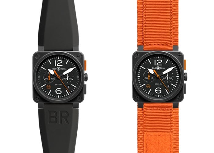 BR 03-94 Carbon Orange - Left: Black rubber strap, Right: Orange canvas strap