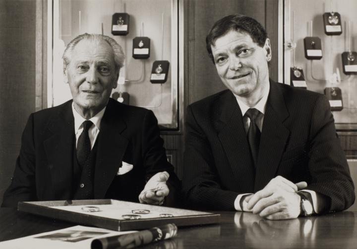 A young Philippe Stern with then-president Henri Stern in the 1960s. Behind the two men are the modest display cases that, at the time, contained the entire private collection of Patek Philippe.