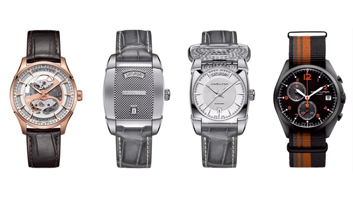 Left to Right: Jazzmaster Viewmatic Skeleton Gent Auto - Flintridge Gent - Khaki Pilot Pioneer Chrono Quartz all by Hamilton