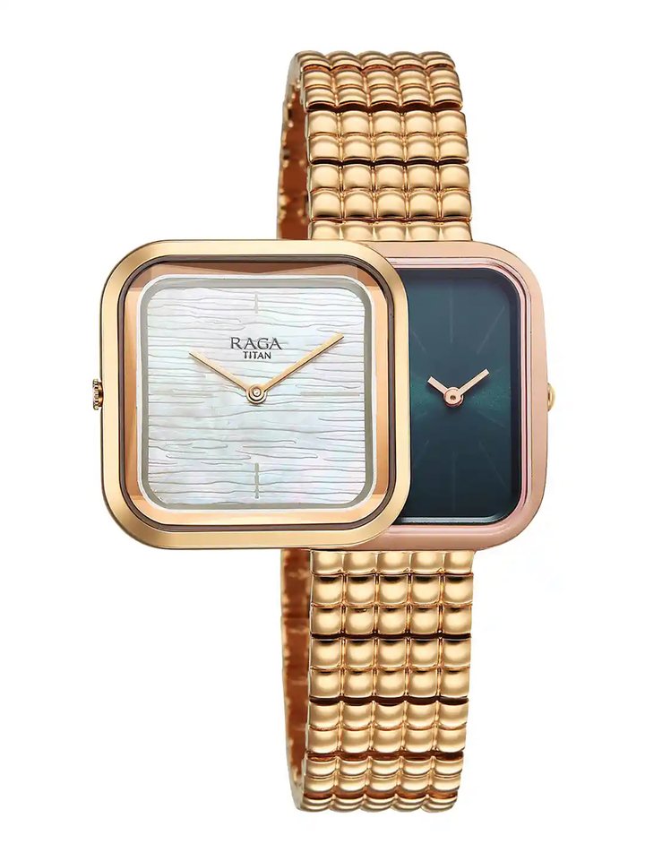 Part of the Raga Glimmer collection, this watch features a dual time zone thanks to two separate dials that slide over each other, yet is less than 10mm thick overall thanks to the two ultra-thin Edge movements.