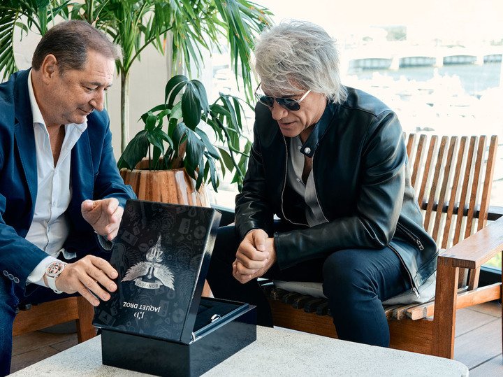 Jaquet Droz CEO Alain Delamuraz with the singer Jon Bon Jovi at the unboxing of his custom-made model at Palm Beach