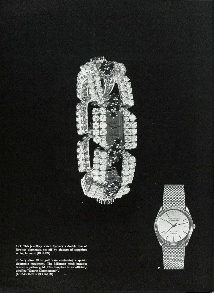 In the 1970s, quartz timepieces arrived at the Montres et Bijoux fair. This model by Girard-Perregaux looks admittedly very discreet on the page alongside the jewellery watch introduced by Rolex.
