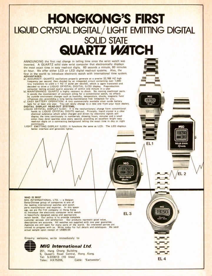 1974: Two major innovations in one ad: LCD technology emerges as a viable alternative to LED displays and Hong Kong begins mass-producing digital quartz watches, setting the stage for the British colony's eventual global dominance in terms of units produced.