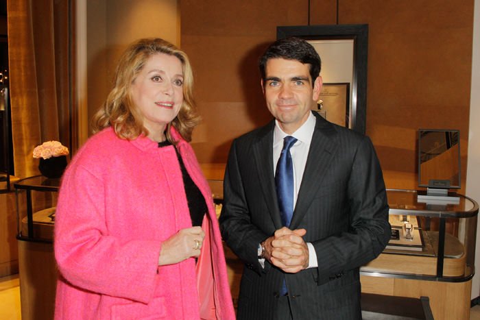 Catherine Deneuve (Left) and Jerome Lambert, CEO of Jaeger-LeCoultre, attend the brand's Vendome Boutique Opening on November 20, 2012 in Paris