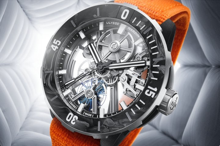 From the remarkable engineering and skeletonisation required to remove mass from the dial/movement and attain impact-resistance of 5,000g to the circularity of recycled materials: even the escapement is made from upcycled silicon wafers, supplied by Sigatec in Switzerland.