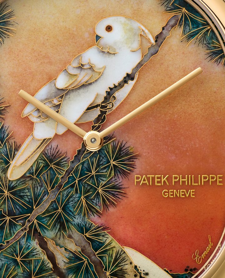 Patek Philippe Golden Ellipse Yellow-Crested Cockatoo 5738/50J-011 (2025) in cloisonné enamel enriched with miniature painting by the studio of master enamellist Anita Porchet