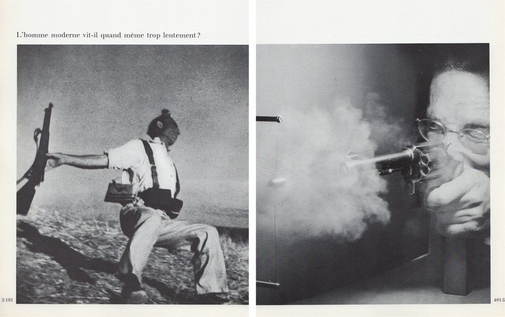 “Might modern man be living too slowly?” Micromégas questions, explaining that "in the space of a few fractions of a second ever more numerous dangers weigh on modern man, who is unable to react to them directly”. A quotation illustrated by Robert Capa's famous photo, Death of a Loyalist militiaman.