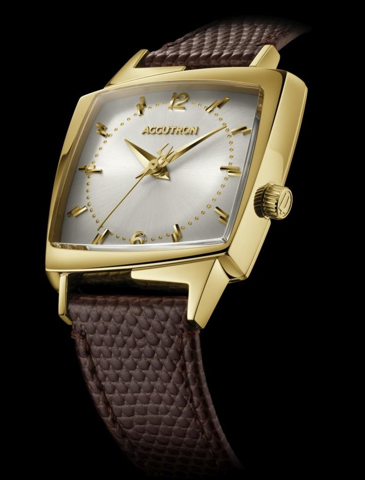 The distinctive asymmetrical case of a Legacy watch inspired by the Accutron 521 model of the 1960s