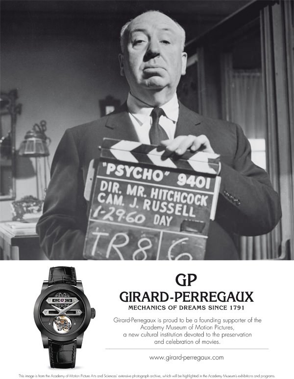 The first part of the Girard-Perregaux campaign will feature an image of Alfred Hitchcock holding a production slate during the filming of PSYCHO