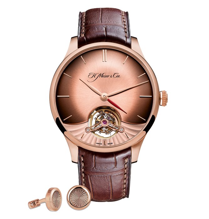 VENTURER TOURBILLON DUAL TIME by H. Moser & Cie + Rose gold cufflinks set by Jacob & Co.