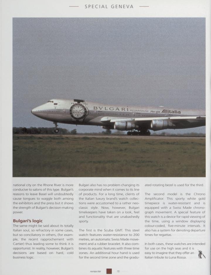 The Bulgari Aluminium, adorning an Alitalia plane, in 2000 in the pages of Europa Star