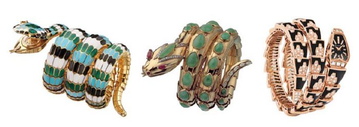 From Left to Right: Serpenti bracelet-watch in yellow gold and polychrome enamel. The scales are decorated with white, black, green and turquoise enamel, the head is with pear-shaped emerald eyes concealing a circular dial, ca 1965 - Serpenti bracelet in yellow gold decorated with jades, rubies and diamonds, ca 1968 - Serpenti jeweller y watch pink gold double coil bracelet set with 385 brilliant cut diamonds (4,12 ct) and black sapphire dial set with 33 diamonds.