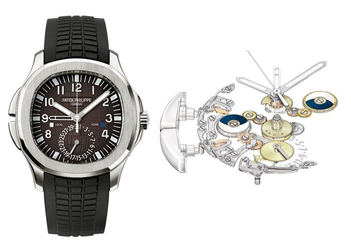 Left: Aquanaut Travel Time (Ref. 5164 A-001 / 2006) - Right: MVT 324 PS FUS 5164, The movement is at the origin of the mechanism that activates the travel time function.
