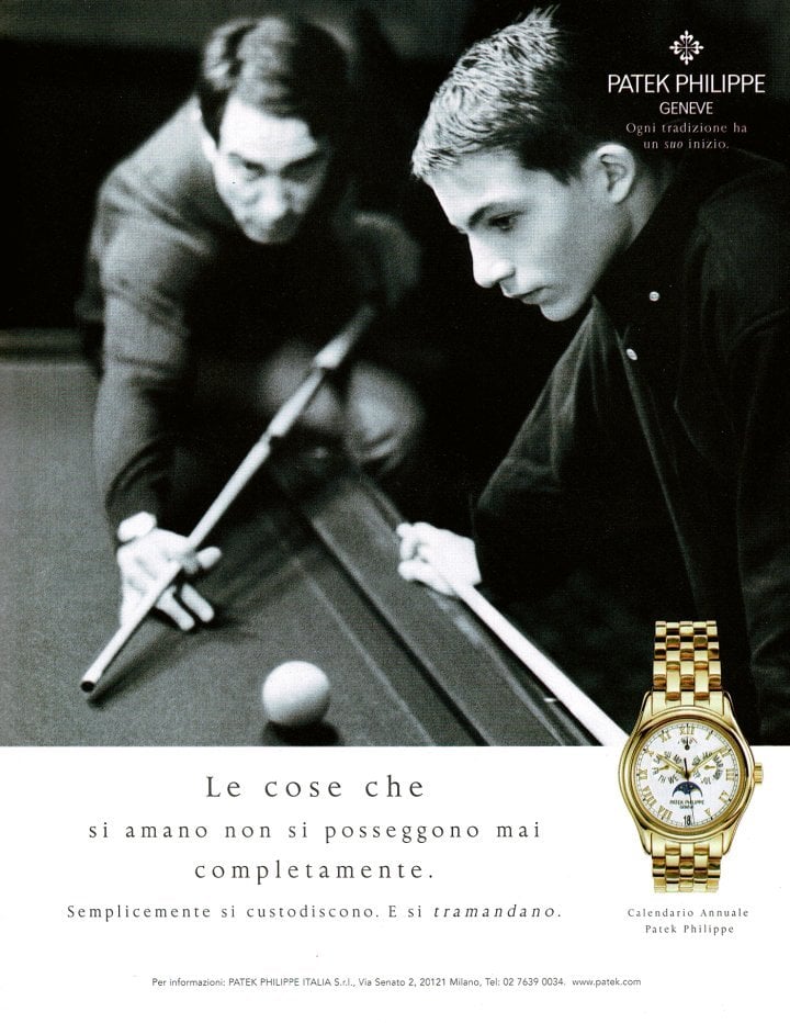 1996: Patek Philippe's “Generations” campaign, created by the company's London agency, launches with black and white photographs of parents and their children, accompanied by text that emphasises the value of tradition across generations.