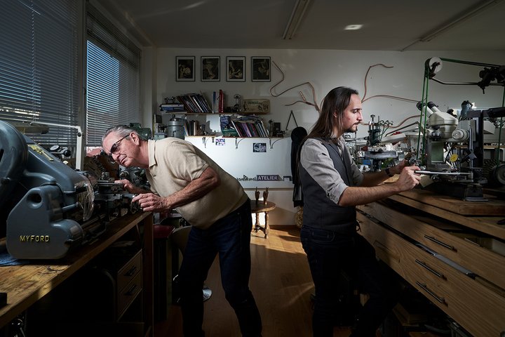 Dominique Renaud and Julien Tixier at Julien's workshop in Vallée de Joux.