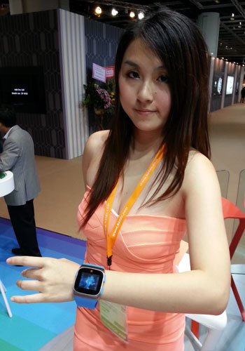 A model shows off the new AddMe watch