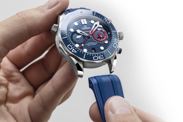 Omega's Seamaster Diver 300M America's Cup Chronograph has a metal bracelet and additional rubber strap, both equipped with the brand's new Quick Change system. 