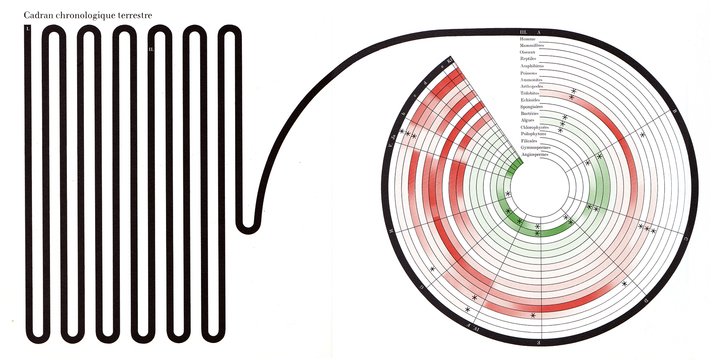 “This chronological dial of the Earth's development is an attempt to illustrate proportions in time. Each millimetre on the guideline corresponds to one million years. The colours show the evolutionary development of 18 groups and animals and plants.”