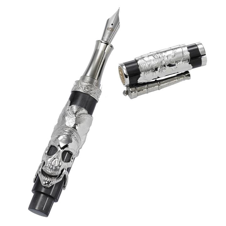 THE TREASURE ISLAND - Resin and sterling silver hand-engraved Nib: 18 kt white gold Filling system: converter or ink cartridges Limited editions 88 pcs fp - 88 pcs rb. in sterling silver 44 pcs fp - 44 pcs rb. in solid 18 kt gold and diamonds